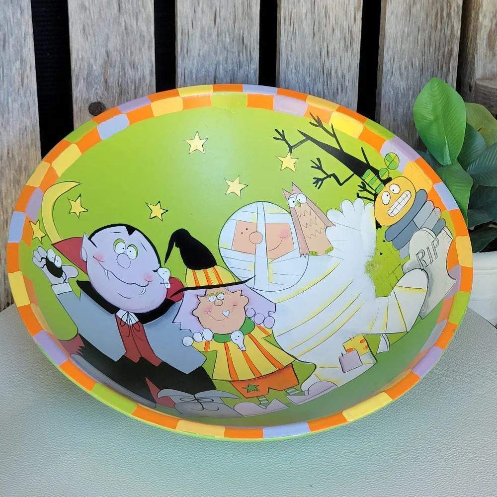 Vintage Tina Ledbetter Halloween Party Bowl Handpainted Dracula Mummy & Witch